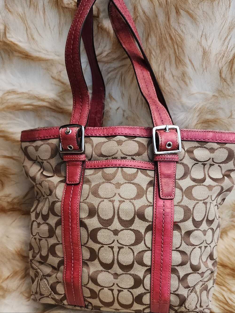 Coach Signature Canvas Tote with Pink Leather Trim